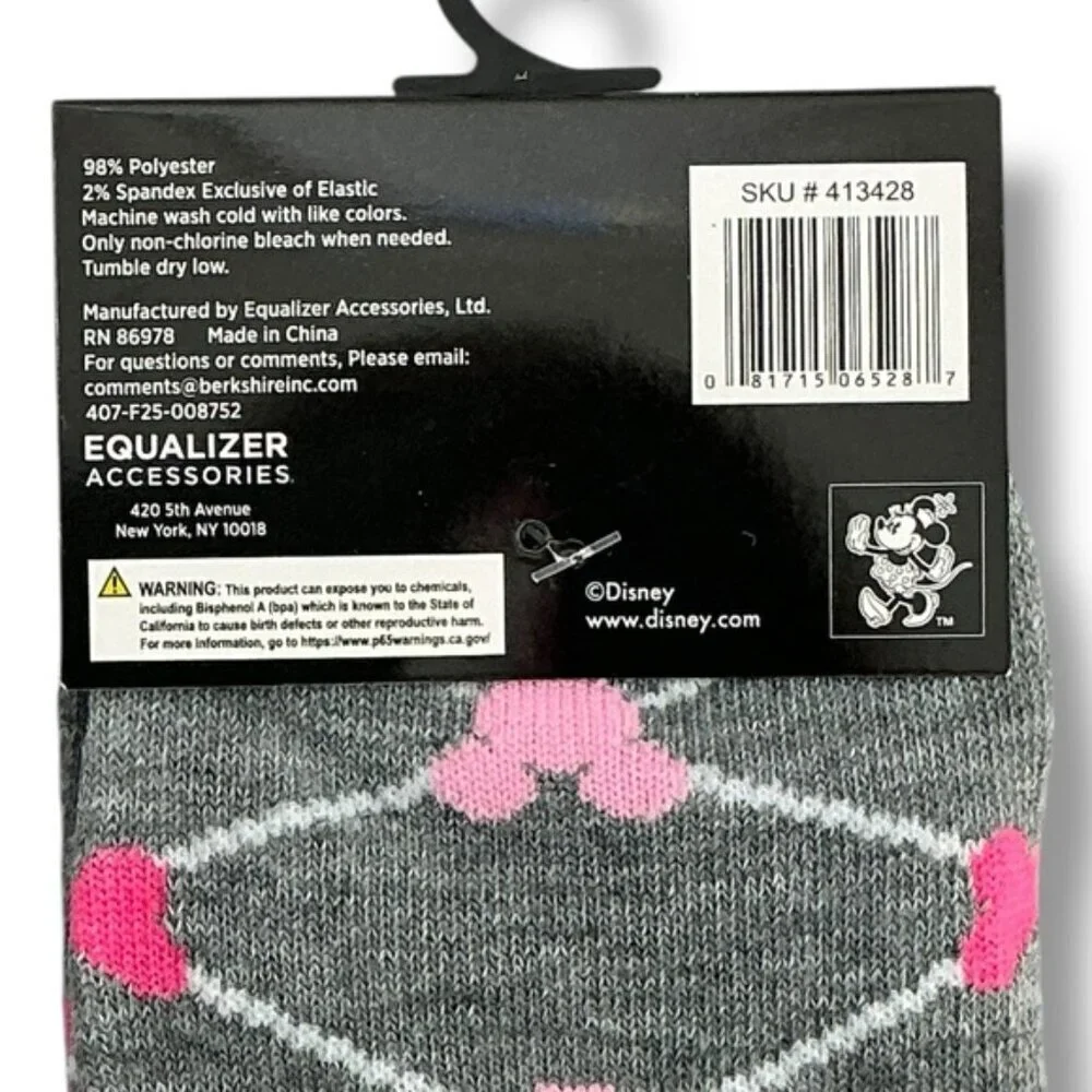 Disney Minnie Mouse Crew Socks Novelty Casual Pink Gray Adult 9-13 One Size